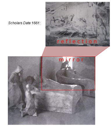 The photo is of a maquette to represent Rembrandt's studio set up with live models and a mirror for his series of drawings of Isaac and Jacob. Below is a drawing that scholars have dated 1652 ( Rembrandt's classical style) and above a drawing they date 1661 (his mature style). The photo demonstrates how both were drawn from the same seat in the studio, under identical lighting conditions and very nearly the same group of models, only Rebeccah has moved. Common sense suggests they were drawn one after the other- not after a gap of 9 years.  Clearly the style of the two drawings is very different but the difference can be very well explained by Rembrandt's differing response to reality (below) and reflection in a dim mirror (above). This same difference has been demonstrated many times in Rembrandt's work. eg. The Adoration of the Shepherds, The Dismissal of Hagar and this series of drawings of death bed scenes.  Konstam's article “Rembrandt's Use of Models and Mirrors” was published in The Burlington Magazine in February 1977. That article invalidated stylistic criticism but the scholars continue to destroy Rembrandt and waste everybody's time with their out-dated theories. 