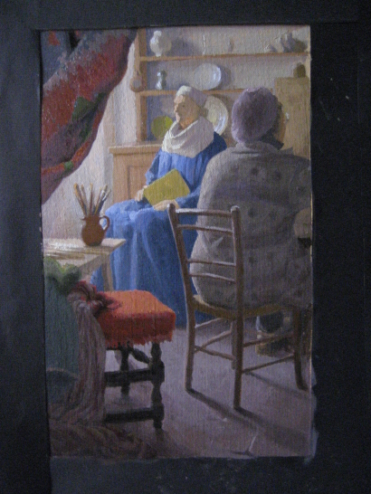 Anne's Vermeer, all but finished.(26 X 16cm) oil on canvas