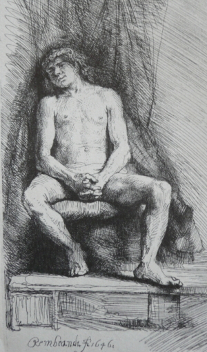 Etching of young man leaning